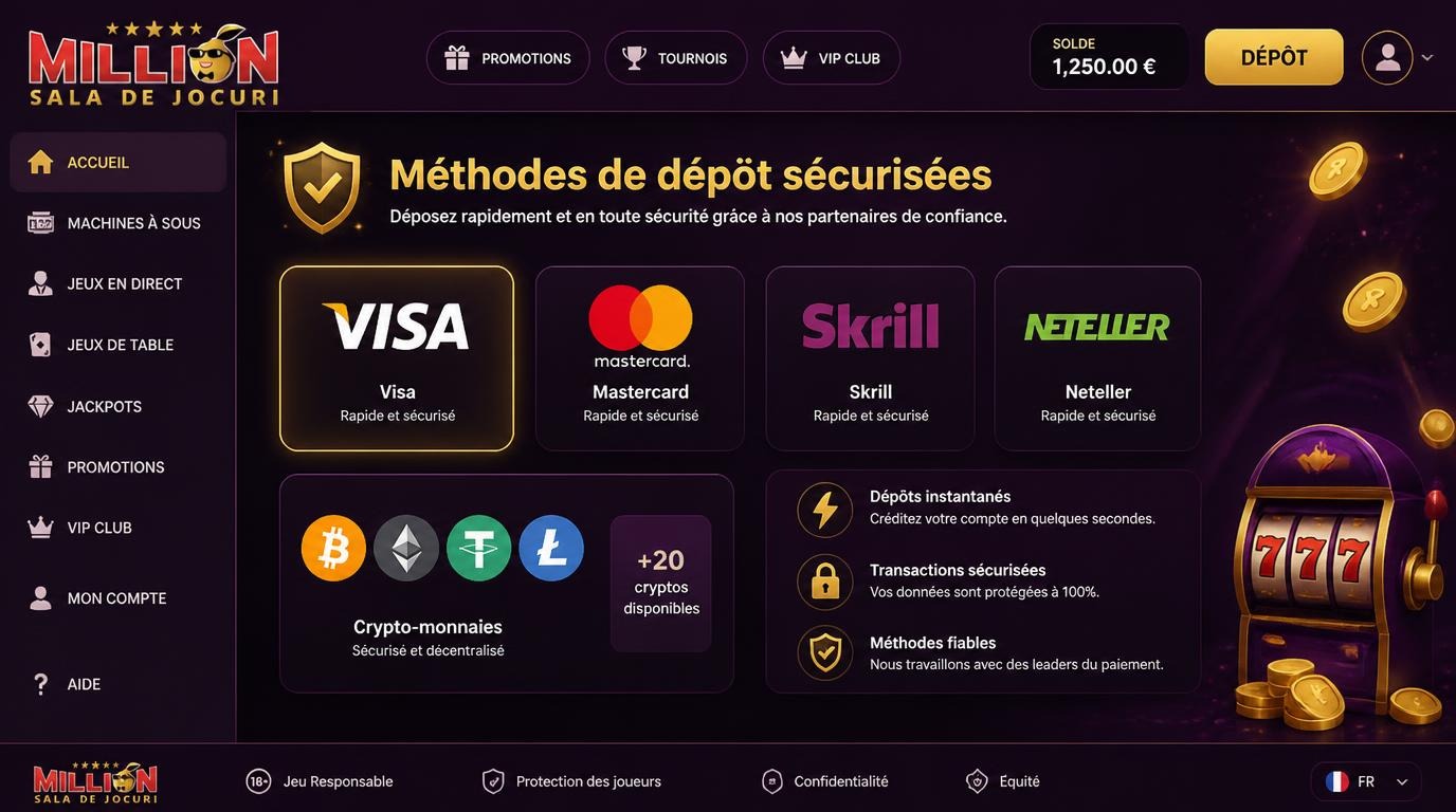 Interface montrant cartes bancaires, portefeuilles électroniques et crypto pour dépôt sécurisé.