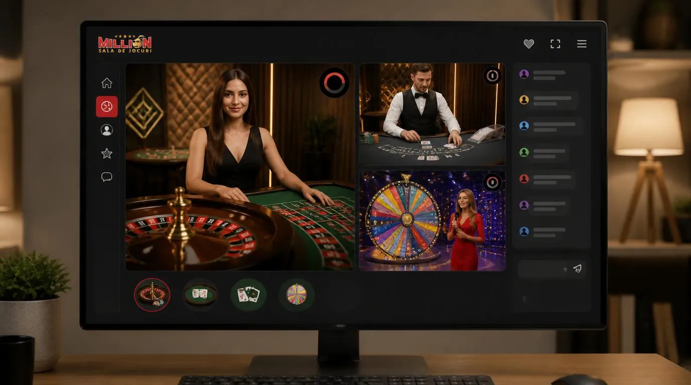 Interface de casino en direct avec une croupière à la roulette, une table de blackjack et un studio de game show