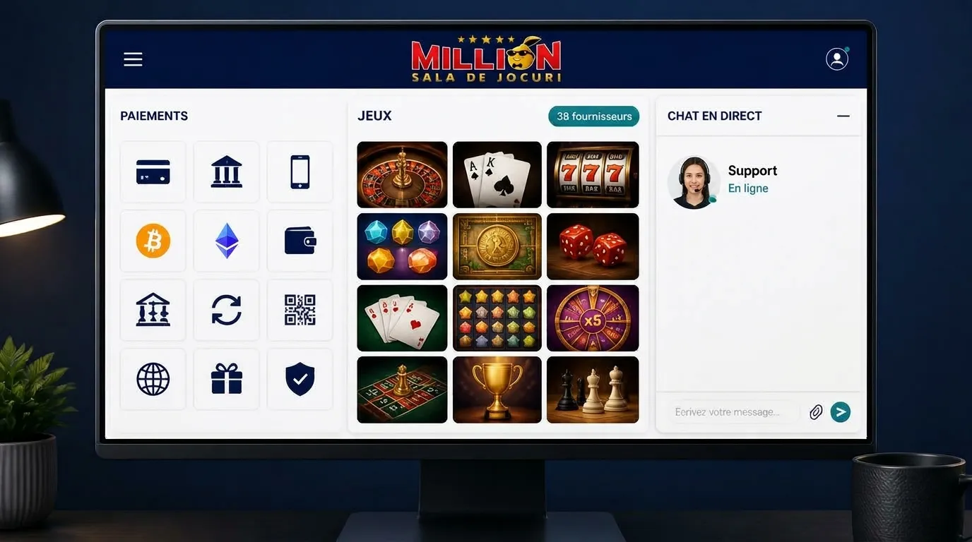 Interface de casino présentant 12 paiements, Bitcoin et Ethereum, un chat en russe et 38 fournisseurs de jeux