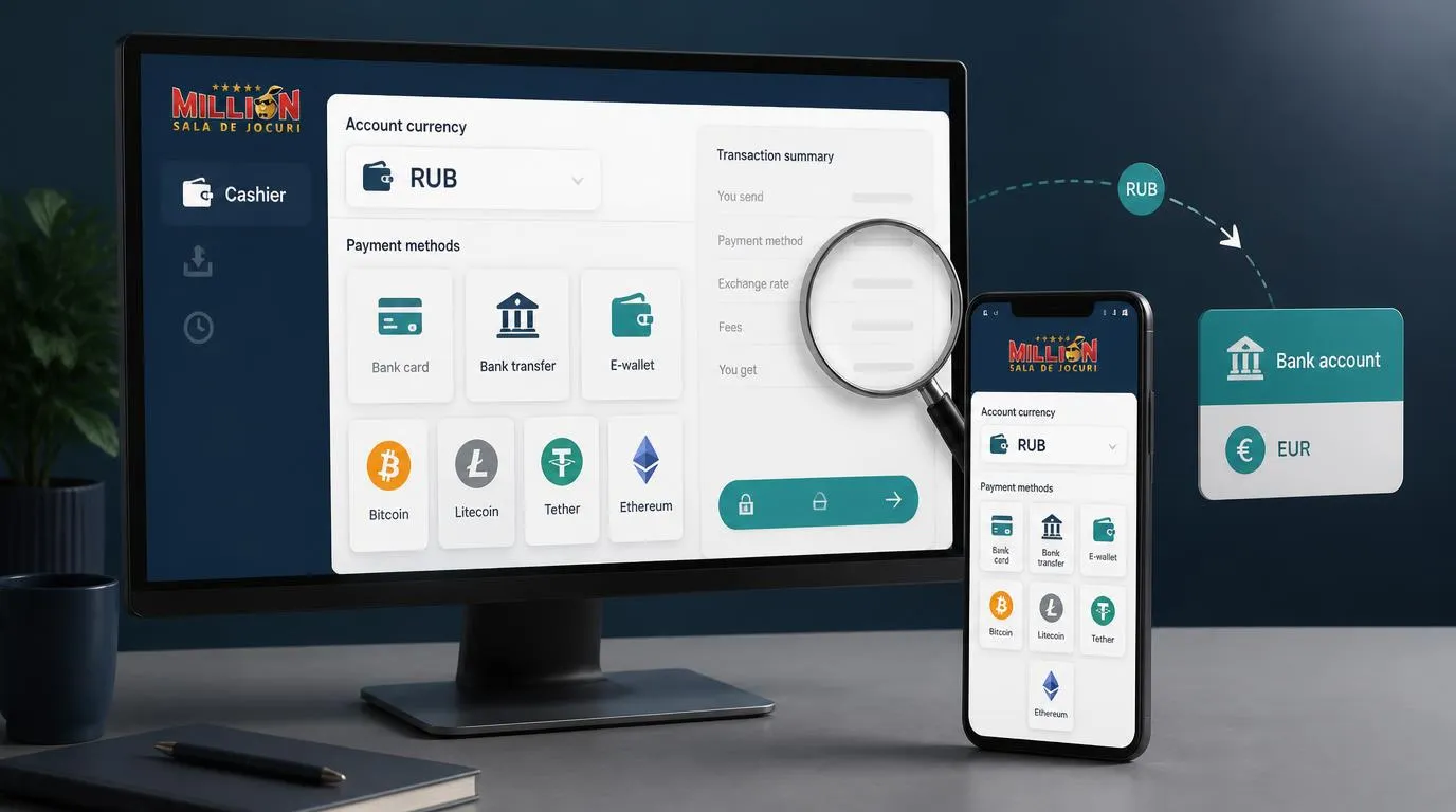 Interface de caisse avec devise RUB, cartes bancaires, virement et cryptomonnaies sur ordinateur et mobile